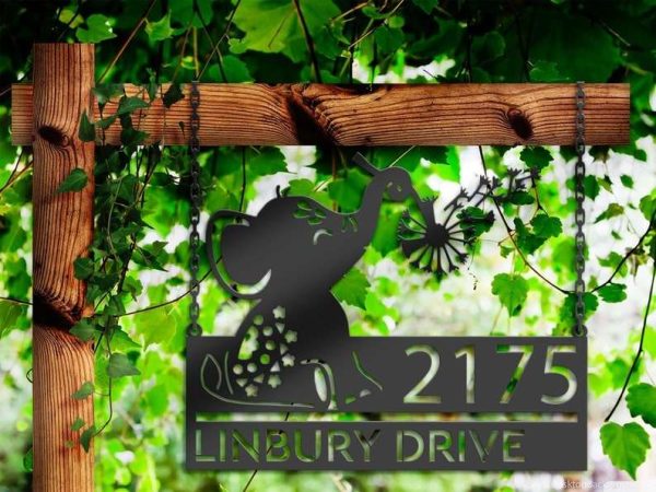 Personalized Cute Baby Elephant Playing with Dandelion Address Sign House Number Plaque Custom Metal Sign