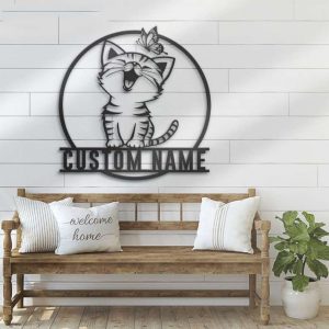 Personalized Cute Cat With Butterfly Decorative Garden Custom Metal Sign 1