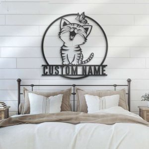 Personalized Cute Cat With Butterfly Decorative Garden Custom Metal Sign 2