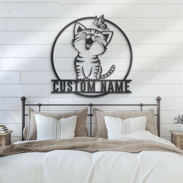 Personalized Cute Cat With Butterfly Decorative Garden Custom Metal Sign