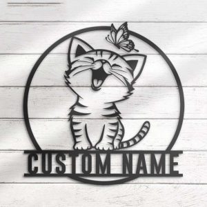 Personalized Cute Cat With Butterfly Decorative Garden Custom Metal Sign 3