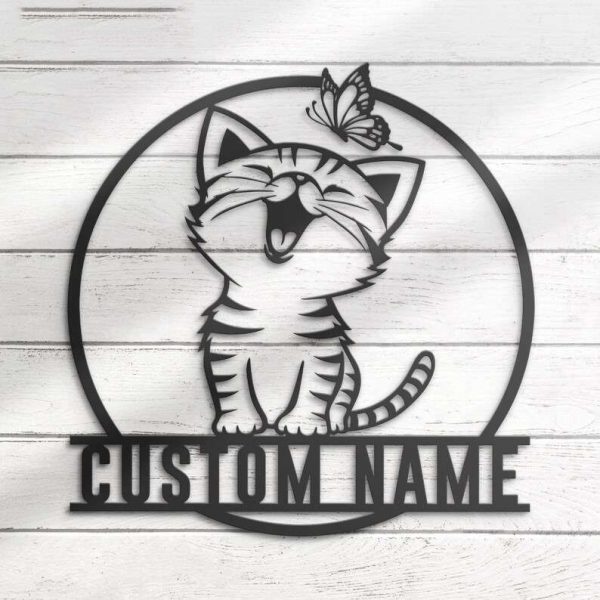 Personalized Cute Cat With Butterfly Decorative Garden Custom Metal Sign