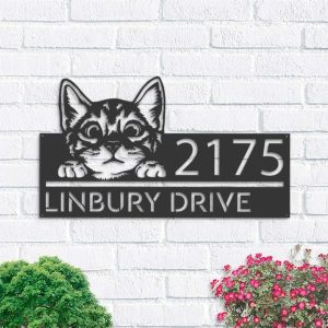 Personalized Cute Peeking Cat Kitten Pet Address Sign House Number Plaque Custom Metal Sign 1