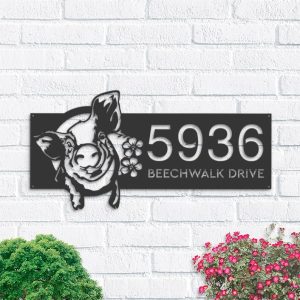 Personalized Cute Pig with Flower Crown Animal Ranch Address Sign House Number Plaque Custom Metal Sign 1