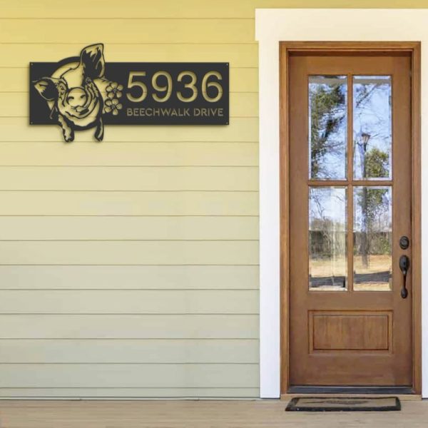 Personalized Cute Pig with Flower Crown Animal Ranch Address Sign House Number Plaque Custom Metal Sign