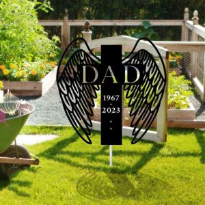 Personalized Dad Cross Memorial Sign Yard Stakes Dad Angel Wings Grave Marker Cemetery Decor Custom Metal Sign