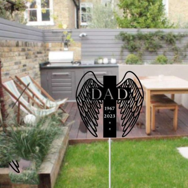 Personalized Dad Cross Memorial Sign Yard Stakes Dad Angel Wings Grave Marker Cemetery Decor Custom Metal Sign