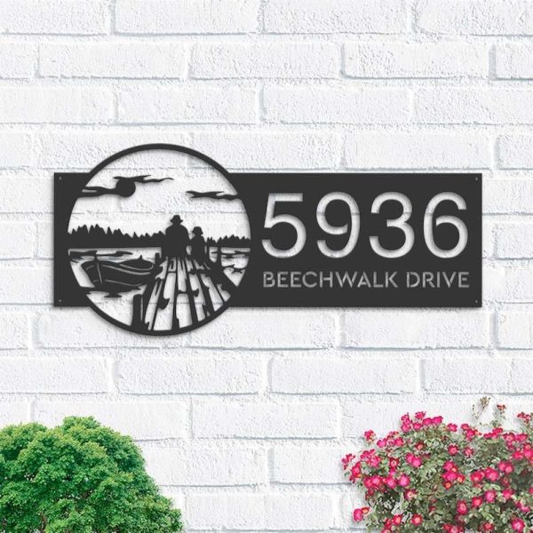 Personalized Dawn scene Dad and Son Fishing Address Sign House Number Plaque Custom Metal Sign