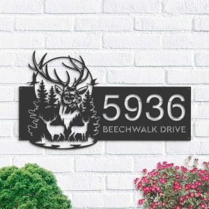 Personalized Deer Buck Forest Scene Address Sign House Number Plaque Custom Metal Sign 1