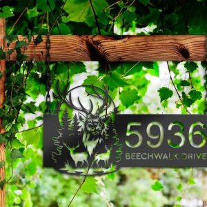 Personalized Deer Buck Forest Scene Address Sign House Number Plaque Custom Metal Sign