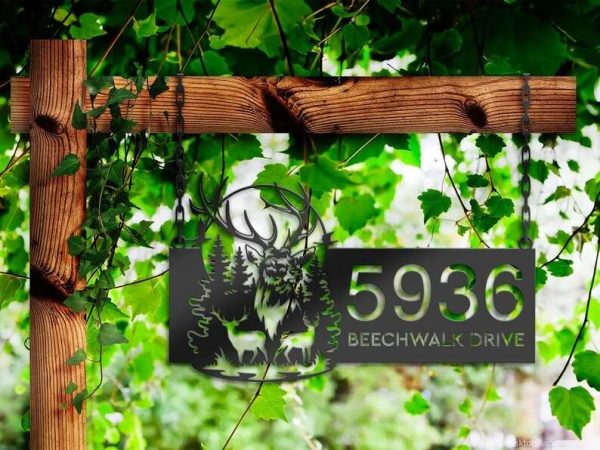 Personalized Deer Buck Forest Scene Address Sign House Number Plaque Custom Metal Sign