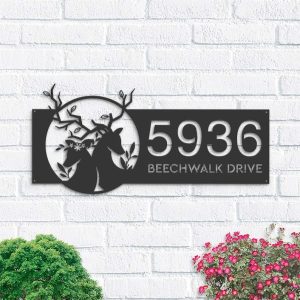 Personalized Deer Couple Flowe Forest Address Sign House Number Plaque Custom Metal Sign 1