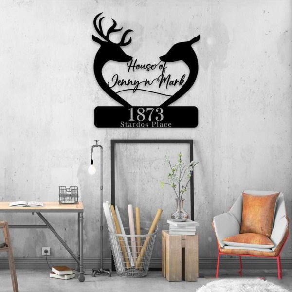 Personalized Deer Couple Heart Shape Address Sign House Number Plaque Custom Metal Sign 1