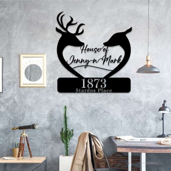 Personalized Deer Couple Heart Shape Address Sign House Number Plaque Custom Metal Sign