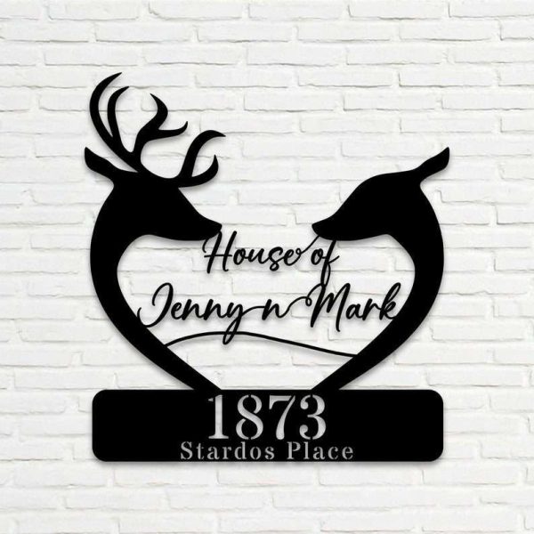 Personalized Deer Couple Heart Shape Address Sign House Number Plaque Custom Metal Sign