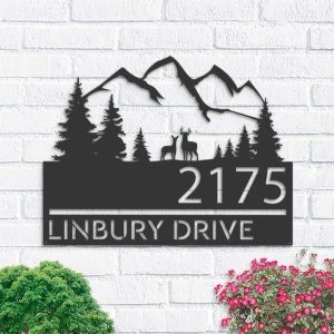 Personalized Deer Couple Mountain Scene Address Sign House Number Plaque Custom Metal Sign 1