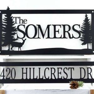 Personalized Deer Family Name Sign and Address Sign Set of 2 Pieces House Number Plaque Custom Metal Sign