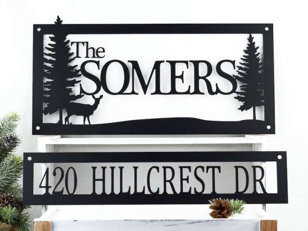 Personalized Deer Family Name Sign and Address Sign Set of 2 Pieces House Number Plaque Custom Metal Sign