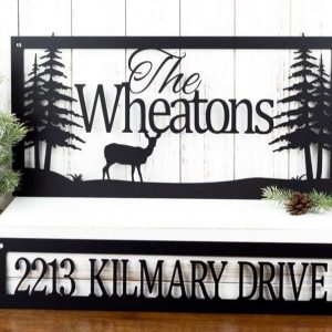 Personalized Deer Forest Pine Tree Address Sign Set of 2 Pieces House Number Plaque Custom Metal Sign