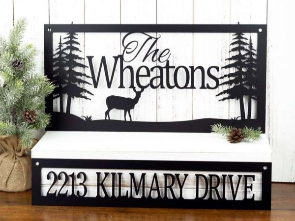 Personalized Deer Forest Pine Tree Address Sign Set of 2 Pieces House Number Plaque Custom Metal Sign