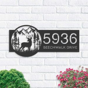 Personalized Deer Forest Scene Wild Life Address Sign House Number Plaque Custom Metal Sign 1