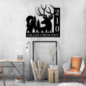 Personalized Deer Forest Sunset Vertical Address Sign House Number Plaque Custom Metal Sign