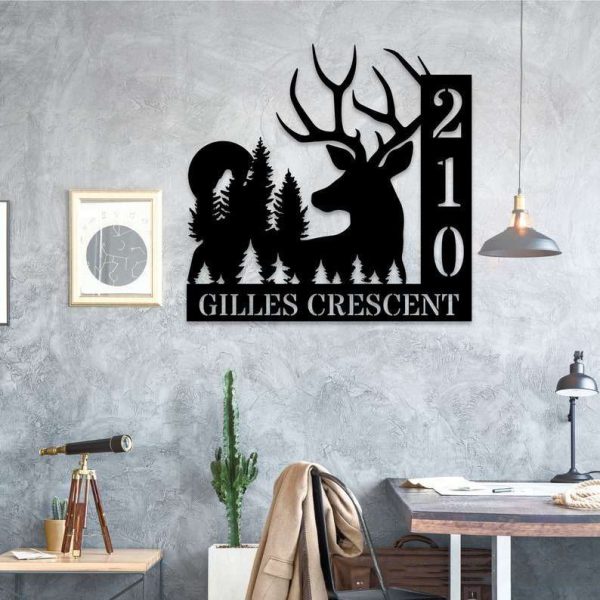 Personalized Deer Forest Sunset Vertical Address Sign House Number Plaque Custom Metal Sign