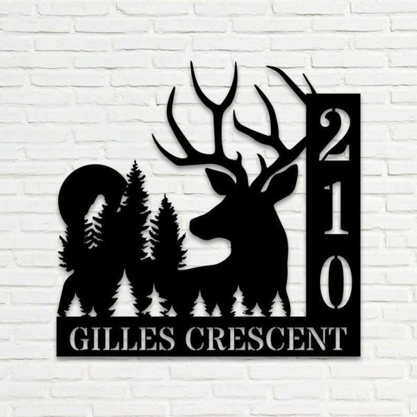 Personalized Deer Forest Sunset Vertical Address Sign House Number Plaque Custom Metal Sign