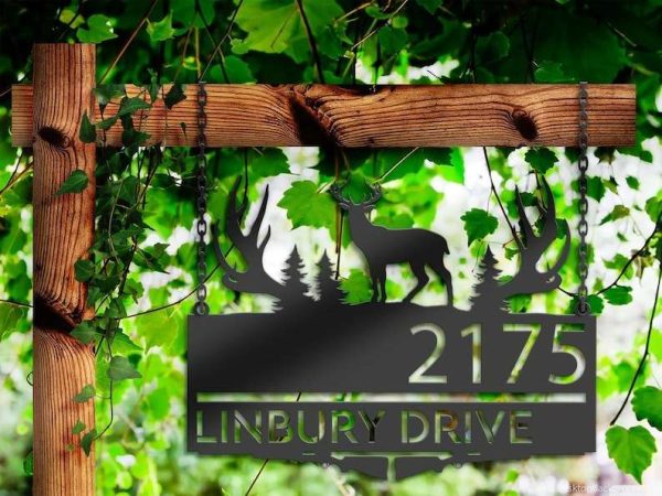 Personalized Deer Hunting Gun Forest Address Sign House Number Plaque Custom Metal Sign