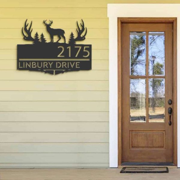 Personalized Deer Hunting Gun Forest Address Sign House Number Plaque Custom Metal Sign