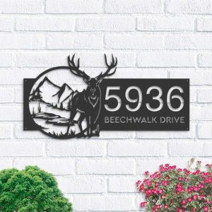 Personalized Deer Mountain Wild Scene Address Sign House Number Plaque Custom Metal Sign 1