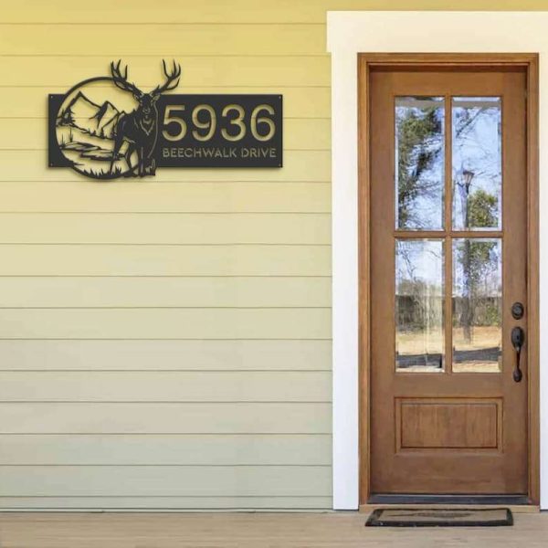 Personalized Deer Mountain Wild Scene Address Sign House Number Plaque Custom Metal Sign