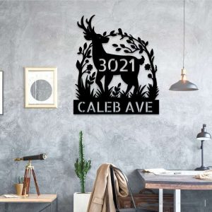 Personalized Deer Tree Arch Flower Address Sign House Number Plaque Custom Metal Sign 2