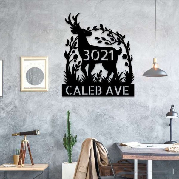 Personalized Deer Tree Arch Flower Address Sign House Number Plaque Custom Metal Sign