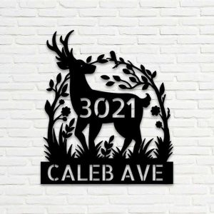 Personalized Deer Tree Arch Flower Address Sign House Number Plaque Custom Metal Sign 3