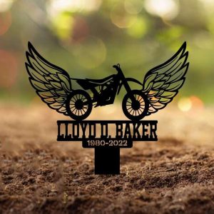 Personalized Dirt Bike With Wings Memorial Sign Yard Stakes Motobike Rider Grave Marker Cemetery Decor Custom Metal Sign 1