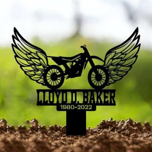 Personalized Dirt Bike With Wings Memorial Sign Yard Stakes Motobike Rider Grave Marker Cemetery Decor Custom Metal Sign 2