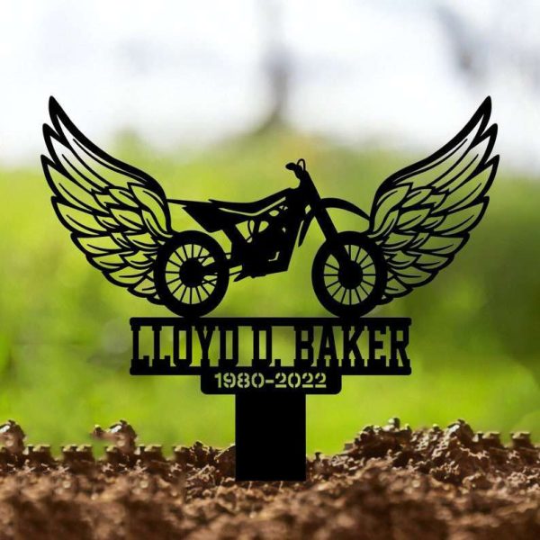 Personalized Dirt Bike With Wings Memorial Sign Yard Stakes Motobike Rider Grave Marker Cemetery Decor Custom Metal Sign