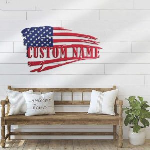 Personalized Distressed USA Flag Sign Independence Day Veteran Day Patriotic Decor Custom Metal Sign