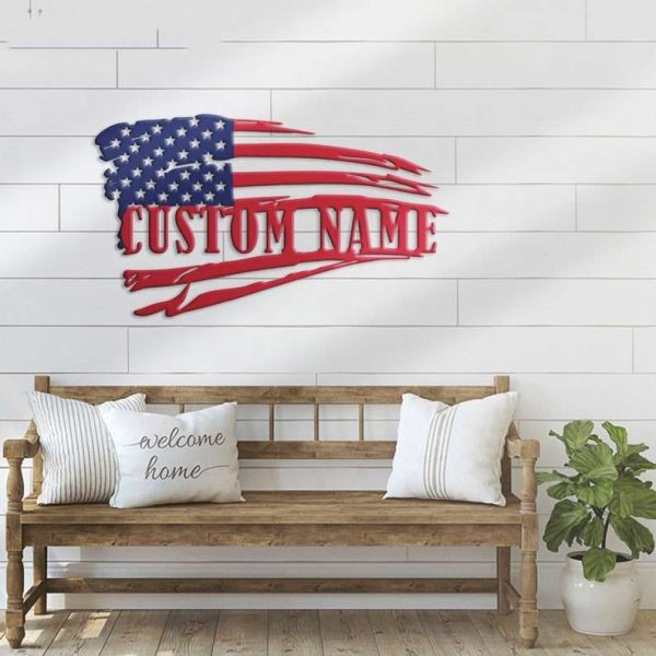 Personalized Distressed USA Flag Sign Independence Day Veteran Day Patriotic Decor Custom Metal Sign