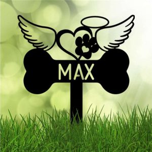 Personalized Dog Memorial Sign Yard Stakes Dog Bones with Heart and Angel Wings Grave Marker Cemetery Decor Custom Metal Sign 1