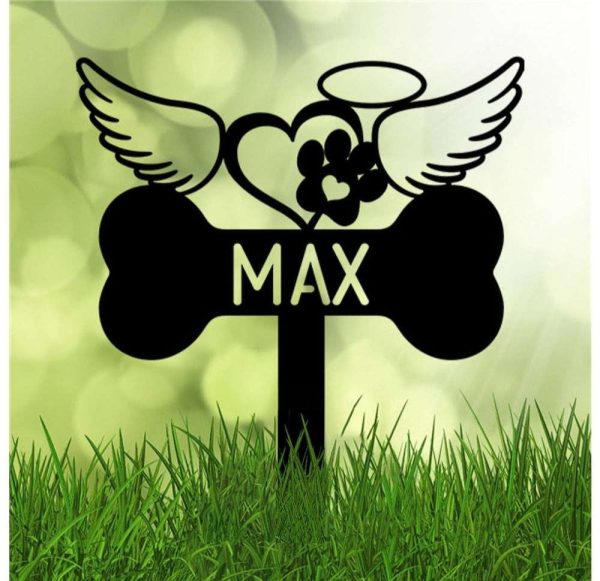 Personalized Dog Memorial Sign Yard Stakes Dog Bones with Heart and Angel Wings Grave Marker Cemetery Decor Custom Metal Sign