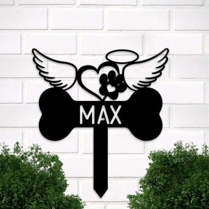 Personalized Dog Memorial Sign Yard Stakes Dog Bones with Heart and Angel Wings Grave Marker Cemetery Decor Custom Metal Sign 2