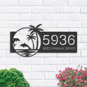 Personalized Dolphins Palm Trees Beach House Address Sign House Number Plaque Custom Metal Sign 1