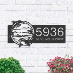 Personalized Dolphins Sea Life Animals Address Sign House Number Plaque Custom Metal Sign 1