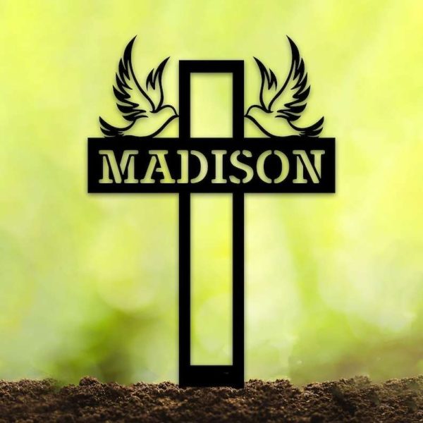 Personalized Dove Cross Memorial Sign Yard Stakes Dad Mom Grave Marker Cemetery Decor Custom Metal Sign