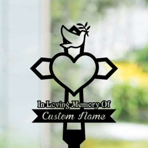 Personalized Dove Heart In Loving Memory Cross Memorial Sign Yard Stakes Grave Marker Cemetery Decor Custom Metal Sign 3