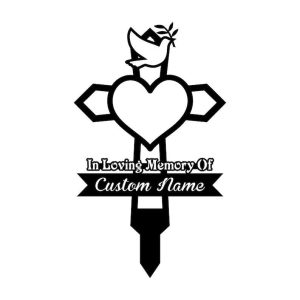 Personalized Dove Heart In Loving Memory Cross Memorial Sign Yard Stakes Grave Marker Cemetery Decor Custom Metal Sign 4