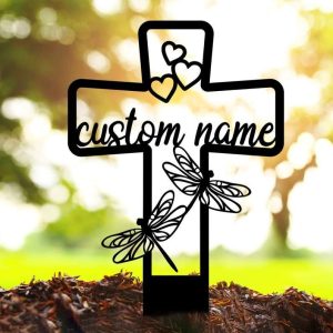 Personalized Dragonfly Memorial Cross Sign Yard Stakes Cross with Hearts Grave Marker Cemetery Decor Custom Metal Sign 1