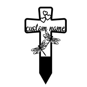 Personalized Dragonfly Memorial Cross Sign Yard Stakes Cross with Hearts Grave Marker Cemetery Decor Custom Metal Sign 2